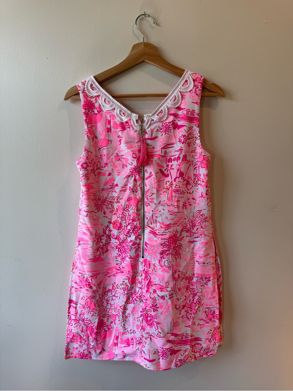 Lilly Pulitzer Pink Floral Shift Dress with White Lace Trim - Picture 2 of 4